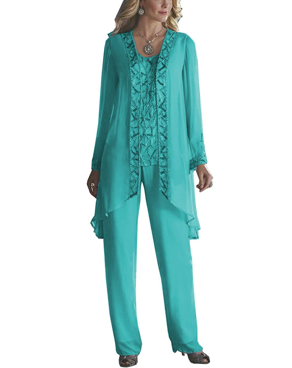 Tiffany blue Женский элегантный шифоновый костюм из 3 предметов с блестками, платье для матери невесты, брюки, костюм в пол для свадьбы, жениха - Цвет: Tiffany blue