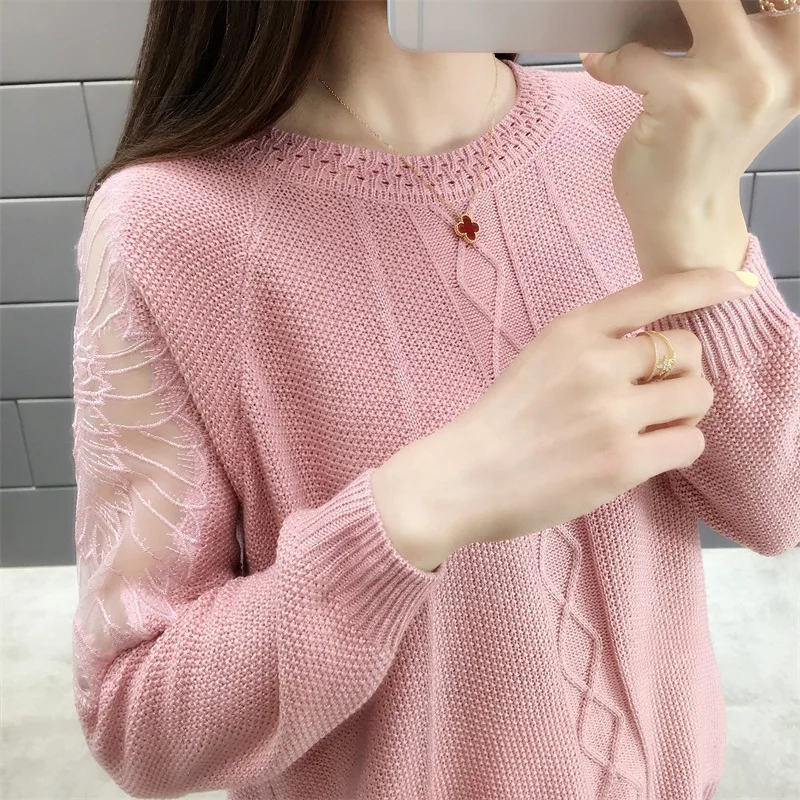 2020 (had 1 ranked no. 3) spring new round collar sweater clip bright silk raglan sleeve lace embroidery ladies' 44 | Женская одежда