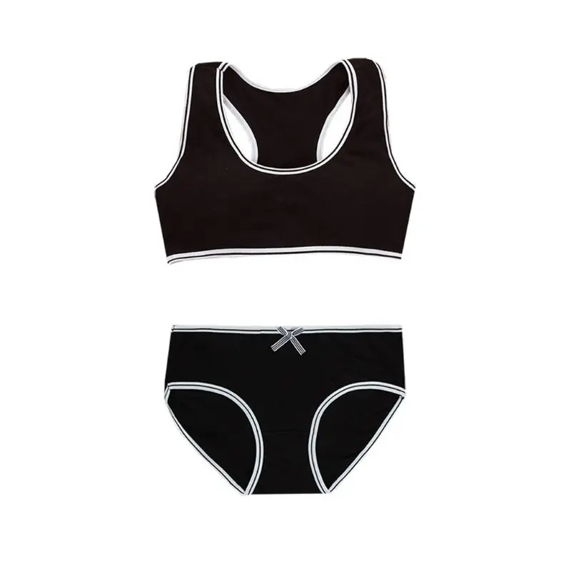 Black Teenager Young Girls Bra Teens Girl Underwear Puberty Student Sriped Training Bra Underwear Set - Color: Black