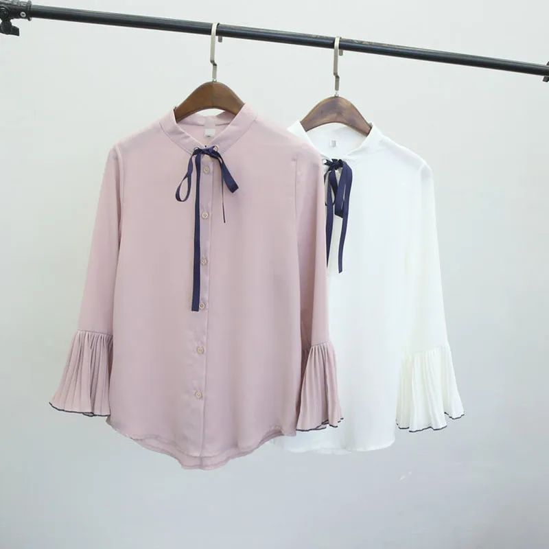 Новинка 2017 шифоновая блузка на весну и осень женские рубашки со шнуровкой бантом
