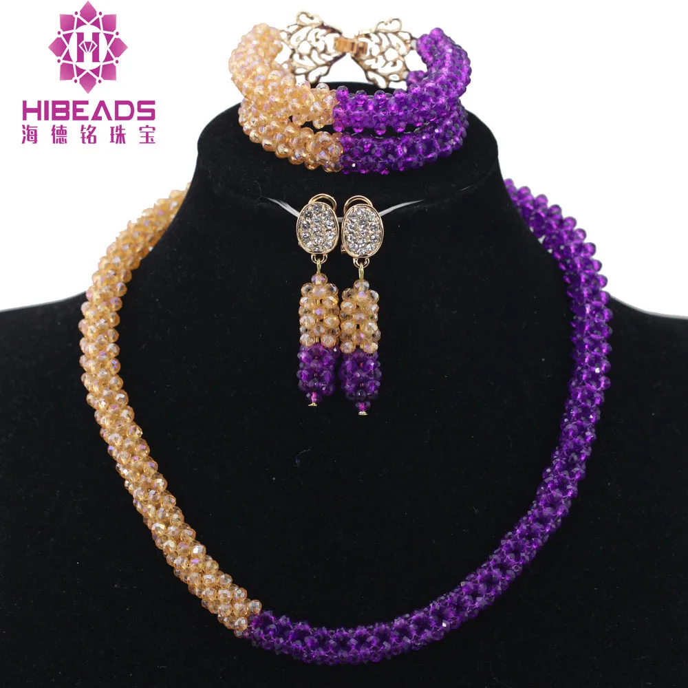 Золотой Фиолетовый крошечные бусы Кристалл Колье набор Африканский ювелирных