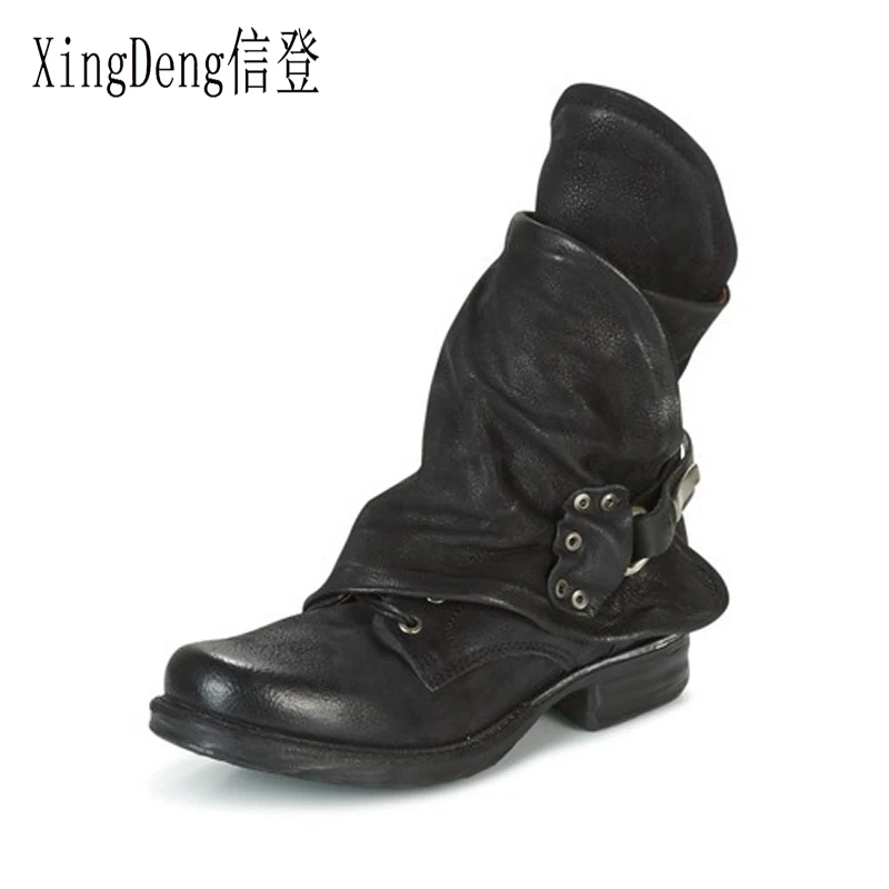 XingDeng/женские весенне осенние ботинки Мартенс с закругленным носком и пряжкой на
