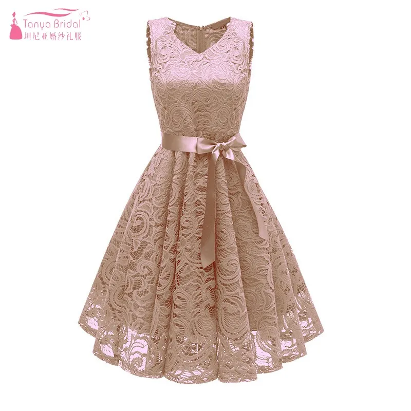 По колено платья подружки невесты цвета шампань 2019 кружевное платье А-силуэта с
