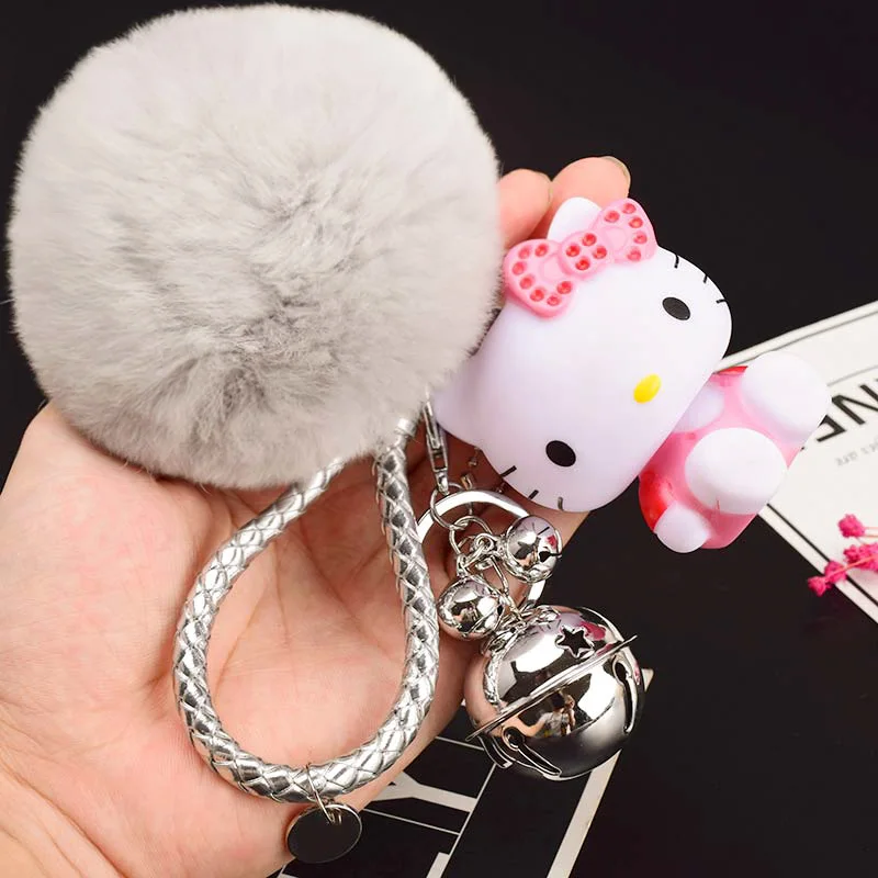 Милый мультфильм hello kitty Кролик Мех Шар помпон подвески-Помпоны ремешок для женщин металлические брелки-цепочки автомобиля сумка Шарм D151 - Цвет: 12
