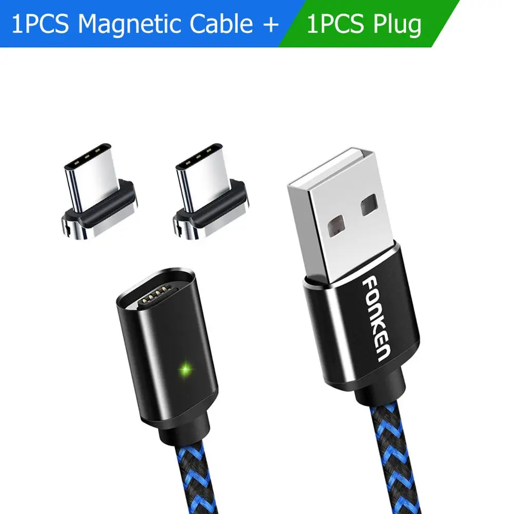 2 Plug 1 black cable Магнитный кабель FONKEN usb type C для быстрой зарядки, магнитный кабель type-C для зарядки мобильных телефонов Android, нейлоновый шнур для синхронизации данных - Цвет: 2 Plug 1 black cable
