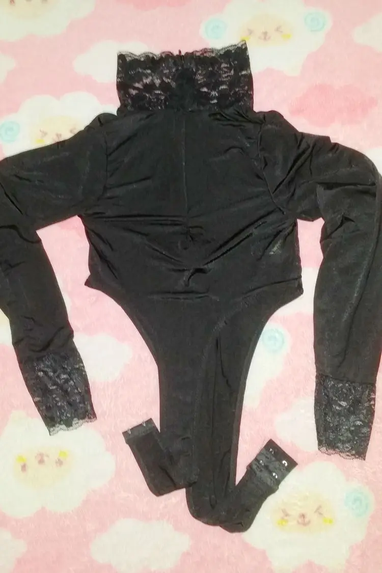 Кружевное прозрачное боди с длинным рукавом и высоким вырезом стринги водолазка