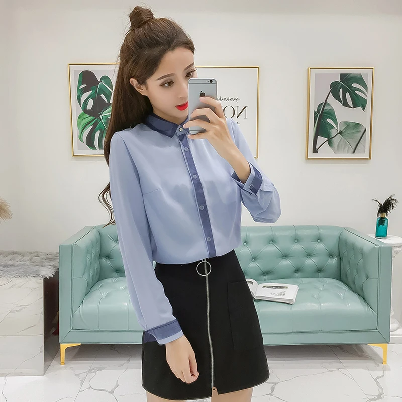 2020 long sleeves women blouses shirts autumn chiffon shirt female clothes blue and white women's tops solid OL blusas 0889 40 | Женская