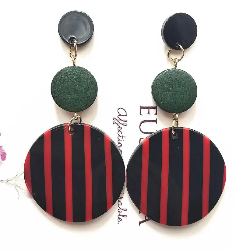 green red black Черные белые большие круглые серьги для женщин, длинные висячие серьги-капли, новинка, корейские серьги в полоску - Окраска металла: green red black