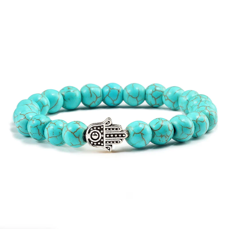 Hot Sale Alloy Hand Black Lava Beads Bracelet Natural Stone Volcanic Prayer Charm Bracelets Women Men Jewelry Femme Homme Gifts - Окраска металла: Blue Gold