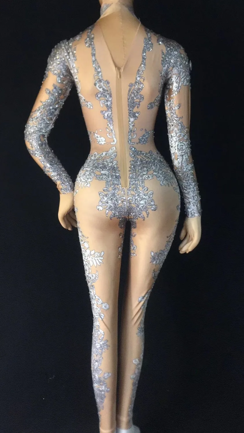 Эластичный комбинезон с 3D принтом серебристый со стразами для ночного клуба бар