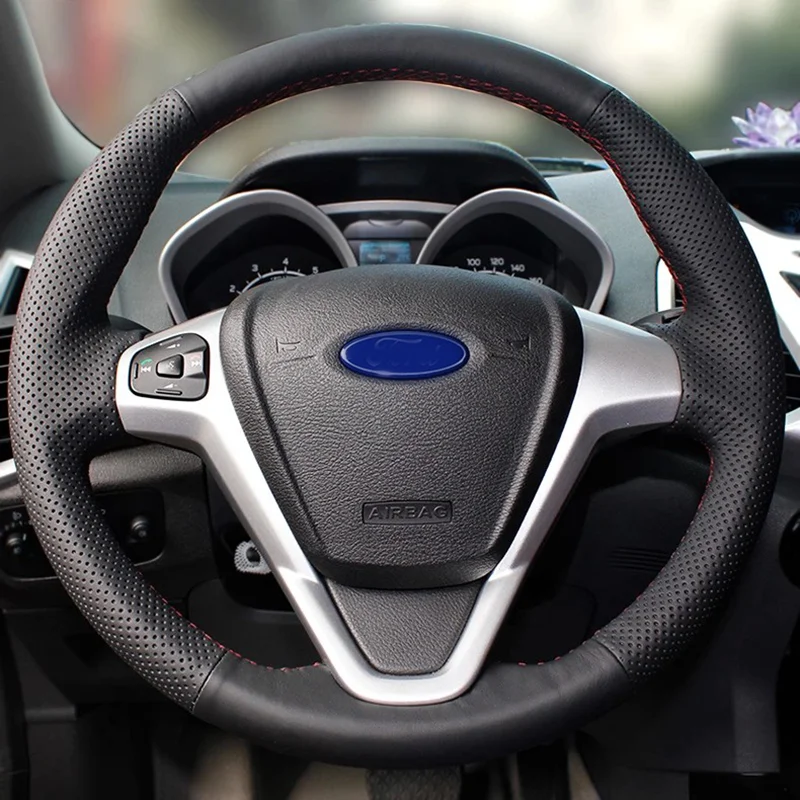 CARDAK черный чехол для рулевого колеса из искусственной кожи для Ford Fiesta 2008-2013 Ecosport 2013 - Название цвета: Red thread