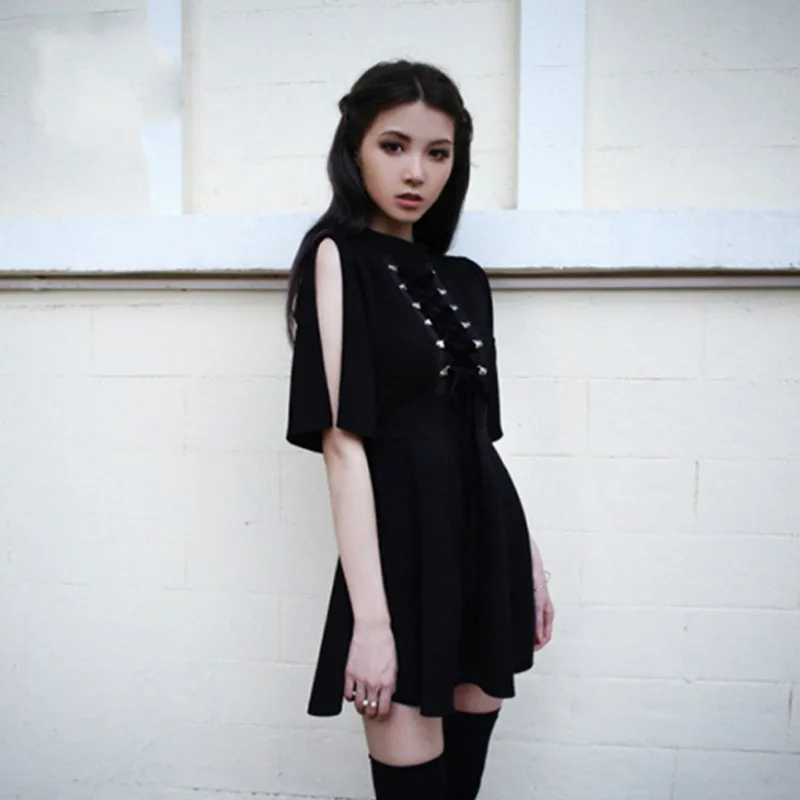 Готическое женское черное платье с лентами в стиле Харадзюку панк перекрестными