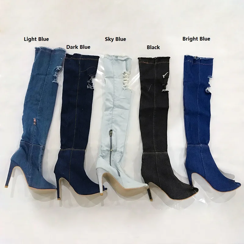 Dark Blue Новые модные женские джинсовые сапоги выше колена на высоком каблуке с дырками весенне-летние пикантные высокие сапоги до бедра с открытым носком, Botas - Цвет: Dark Blue