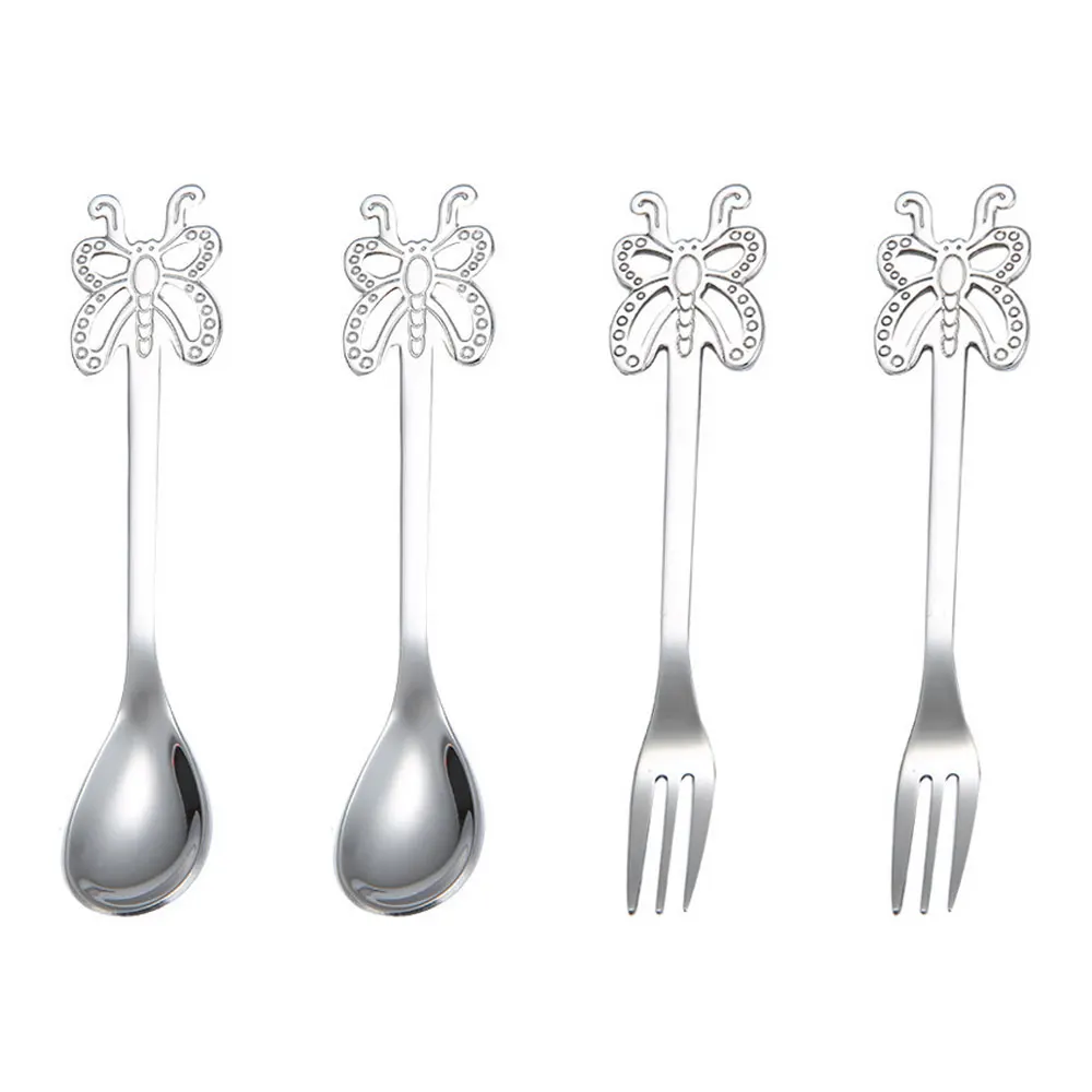 Silver Spoon Fork 4 шт., в форме бабочки кофейные ложки Десертные Вилки для фруктов из нержавеющей стали салатные вилки для закуски перемешивание ложки для сахара набор чайных ложек - Цвет: Silver Spoon Fork