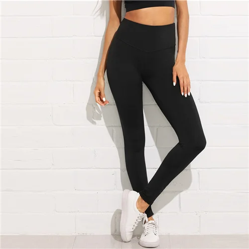 Черный Черные гофрированные леггинсы SweatyRocks с высокой талией для тренировок, женские модные леггинсы, осень, спортивная одежда, штаны-капри для фитнеса - Цвет: Черный