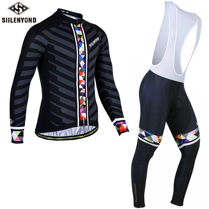 Winter Bib Set Siilenyond Велоспорт Джерси комплект с длинным рукавом гонки Велосипедный спорт одежда зима термальность флис Mountain велосипедная одежда - Цвет: Winter Bib Set