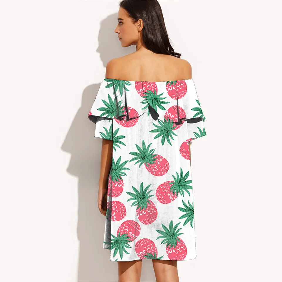 Loneyshow Summer 2018 Off Shoulder Sexy Print Loose Dress Slash Neck Pineapple Women | Женская одежда