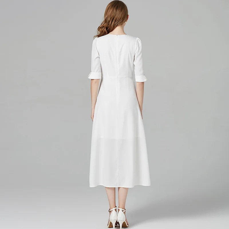 Summer White Dress Women V Neck Short Sleeve Office Lady Elegant Casual Solid Long Dresses Vestidos 2019 New Fashion | Женская одежда