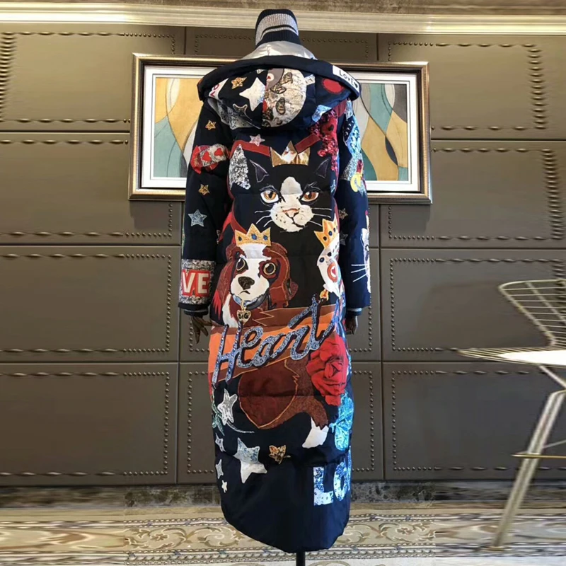 White duck down full sleeve Bohemian Cartoon Down Coats 2018 Latest Winter New Arrival Elegant Fashion Warm Long Coat Women