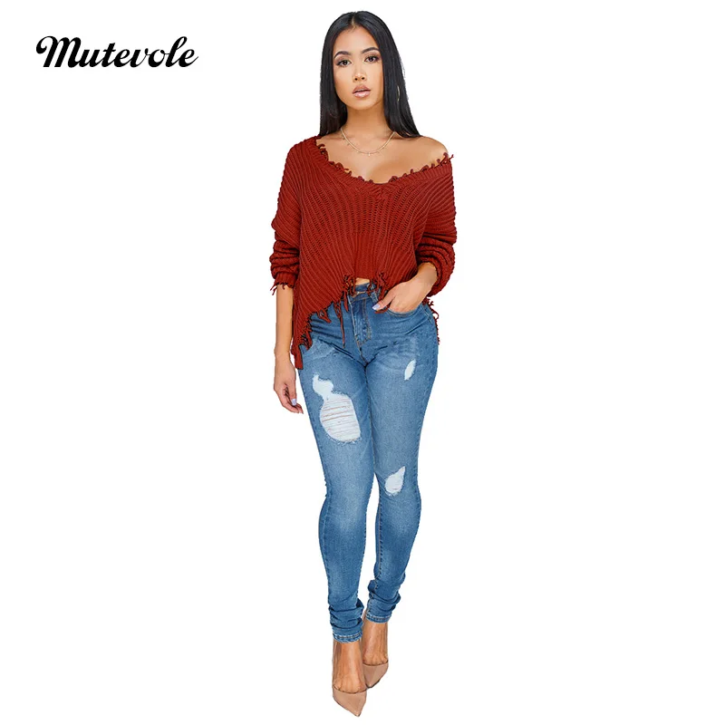 Mutevole V Neck Sweater Crop Top Women Winter Warm Knitted Pullover Female Casual Solid Color Long Sleeve Basic | Женская одежда