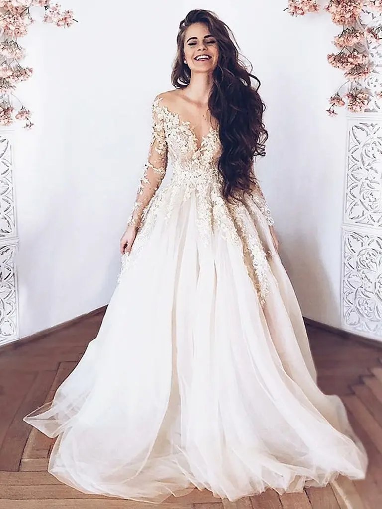 Слоновая кость Vestido De Noiva романтическое свадебное платье трапециевидной формы с длинным рукавом, кружевное арабское свадебное платье цвета слоновой кости, платье невесты - Цвет: Слоновая кость