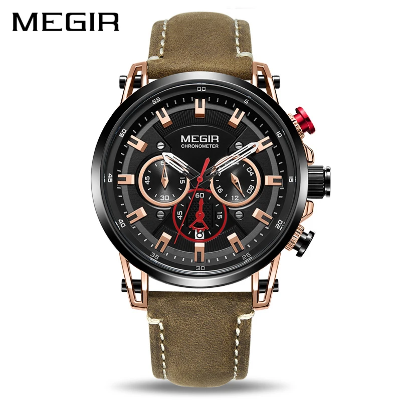 Часы наручные MEGIR Buiness Мужские кварцевые брендовые Роскошные с кожаным ремешком