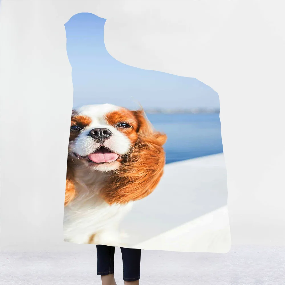 3D одеяло с капюшоном с изображением животных, Шарля спаниеля, Bichon, супер качество, шерпа, флисовое переносное одеяло, плотное теплое одеяло для дивана и кровати