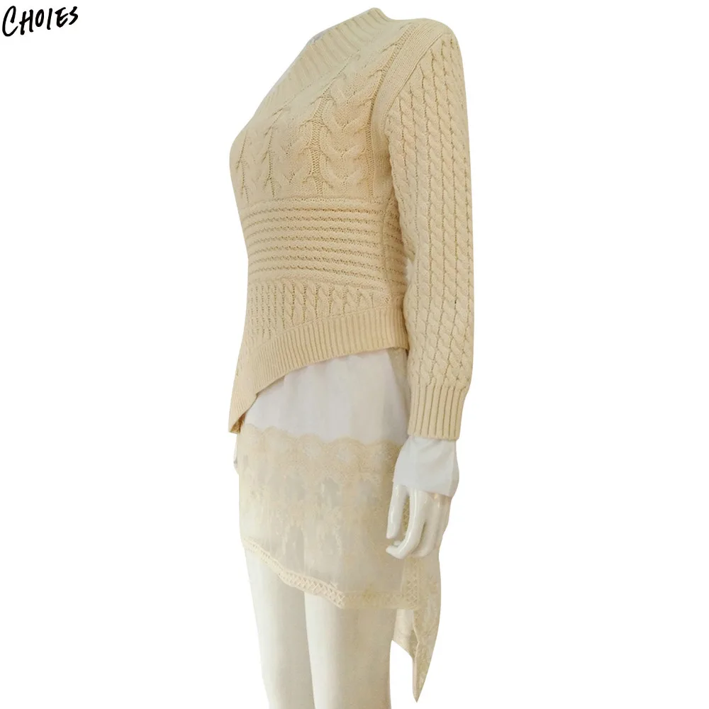 Beige One Shoulder Asymmetric Hem Cable Knitted Sweater Women Brand Fashion Irregular Neck High Street Novelty Top | Женская одежда