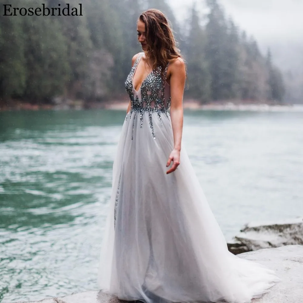 Женское платье с разрезом спереди Erosebridal расшитый бусинами лиф v образным вырезом