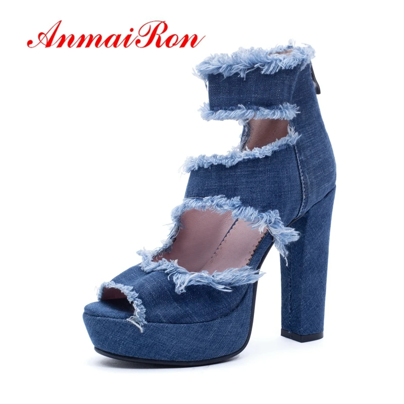 

ANMAIRON Denim Women Sandals Summer 2019 Hing Heel Gladiator Casual Zip Sexy Sandals Size 34-43 LY1578