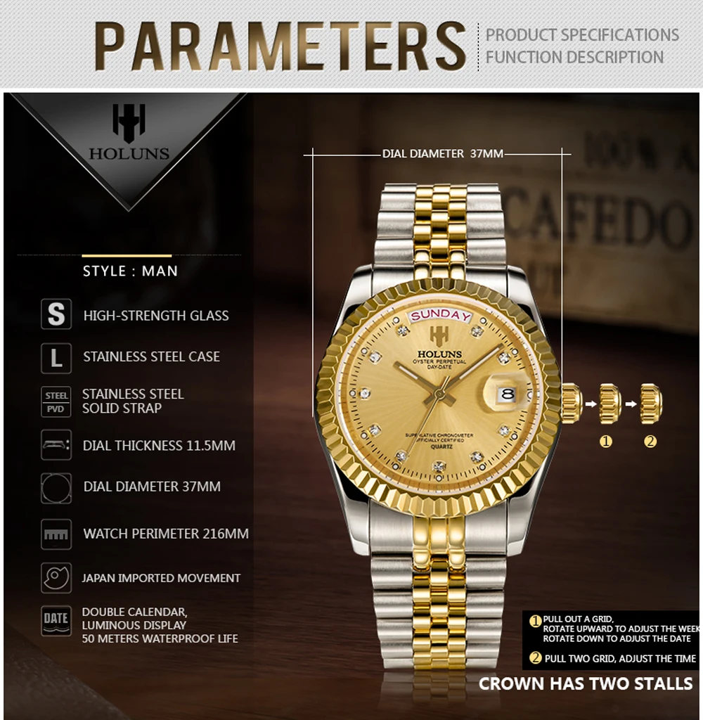 Бренд Holuns часы классические мужские модные роль золотые с бриллиантами
