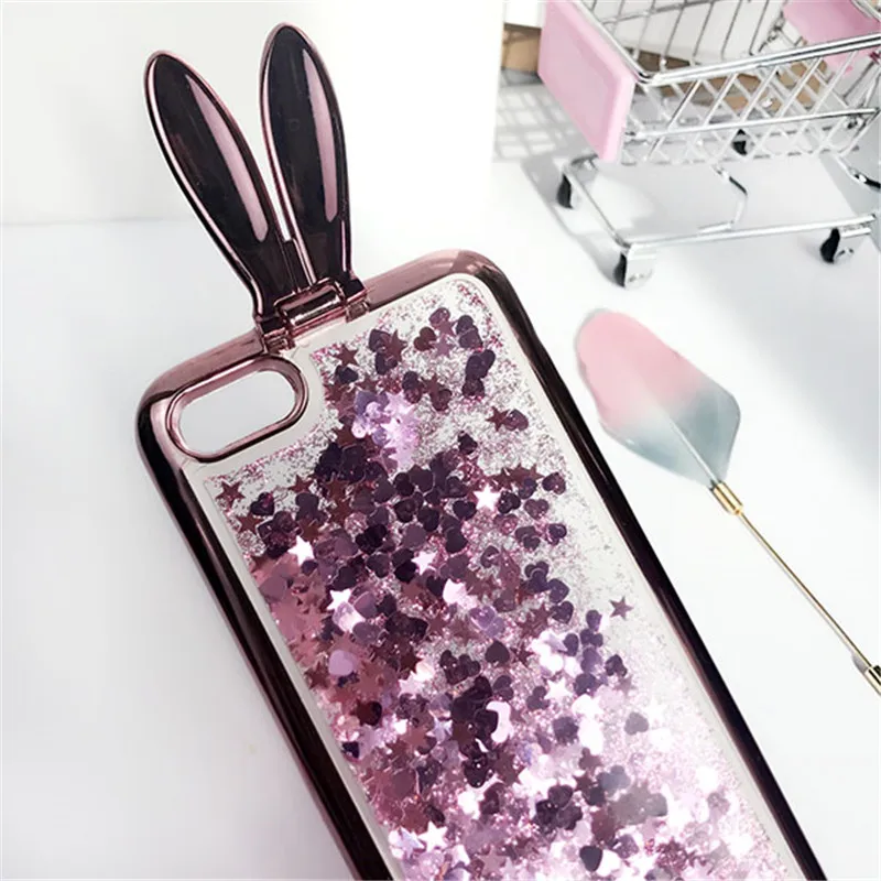 3D Cute Rabbit Ear Stander Case For iPhone 8 8plus Soft Silicon Glitter Liquid Quicksand 6 6plus 7 7plus Girl Cover | Мобильные