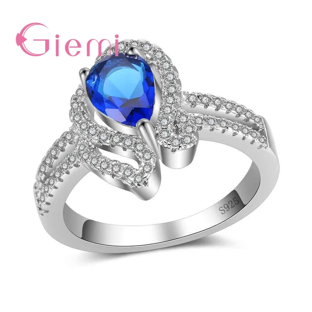 

New Arrival 4 Colour Water Drop Fine Crystal Women Female Party Jewelry 925 Sterling Silver Geometric Ring High Quality