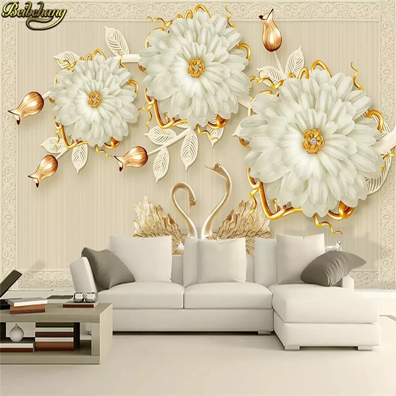 

beibehang Custom wallpaper mural 3d luxury jewels flowers swan romantic TV background wall papers home decor papel de parede