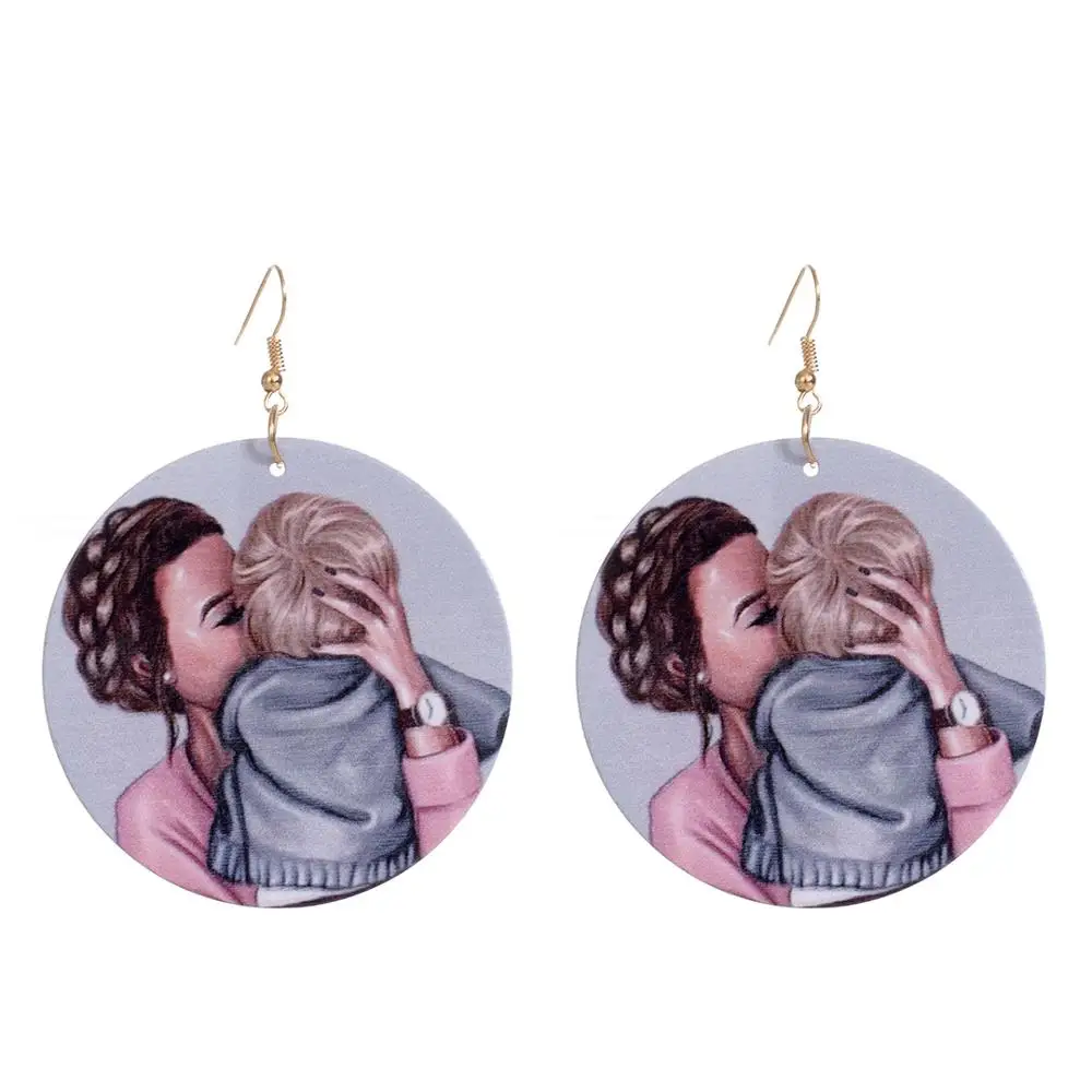 KHARISMA 2019 Women Fashion Round Wooden Mom Love Printed Printing Drop Earrings Ethnic African Lady Statement Jewelry | Украшения и