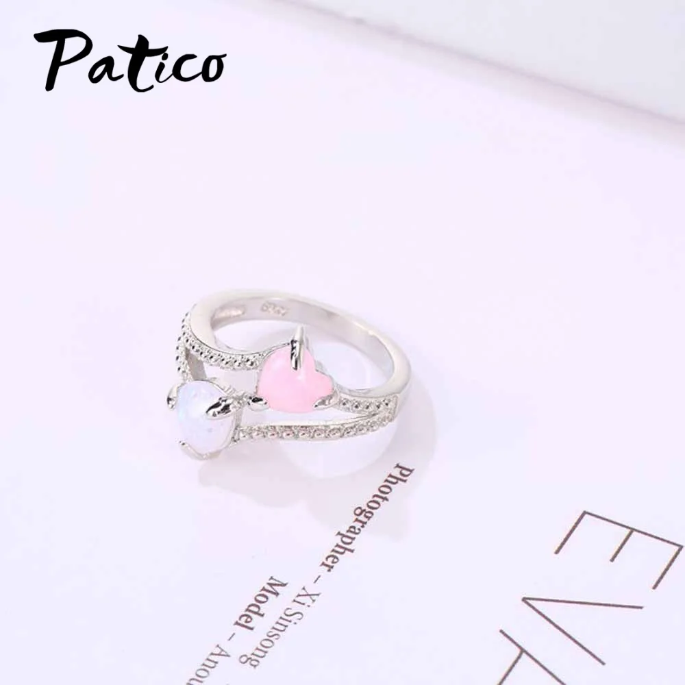 Женское Обручальное кольцо с опалом белое и розовое сердце инкрустированное
