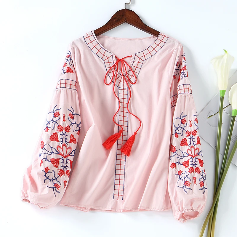 Новая женская модная хлопковая рубашка Летняя Цветочная вышивка блузка на