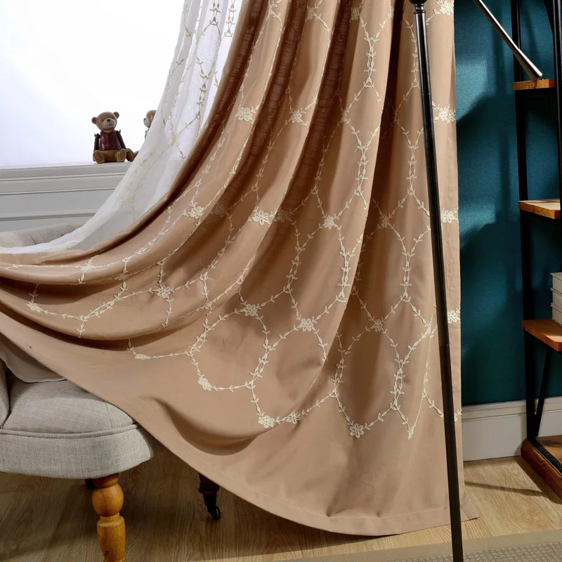 Корейские льняные занавески зеленого/кофейного цвета с вышивкой для гостиной
