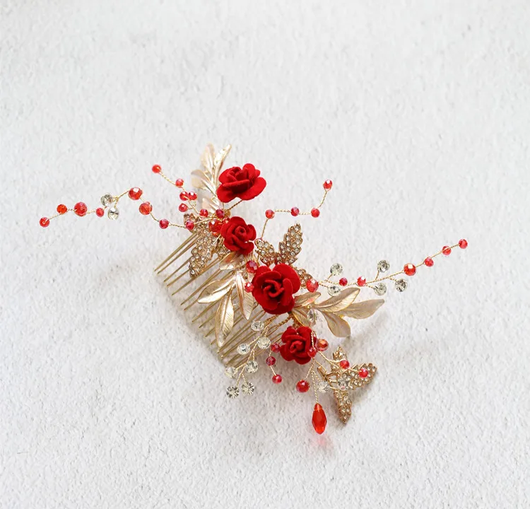 Jonnafe Pretty Red Rose Foral Hair Comb Bridal Pins Handmade Women Prom Jewelry Wedding Accessories Bridesmaid Headpiece | Украшения и