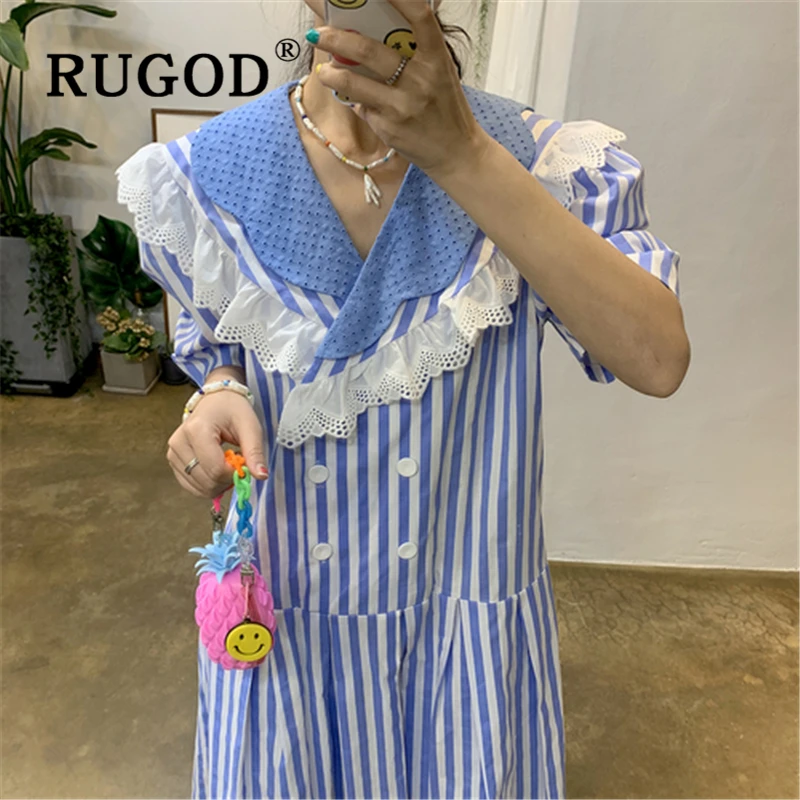 Женское платье в полоску RUGOD Длинное свободное с v-образным вырезом и кружевом