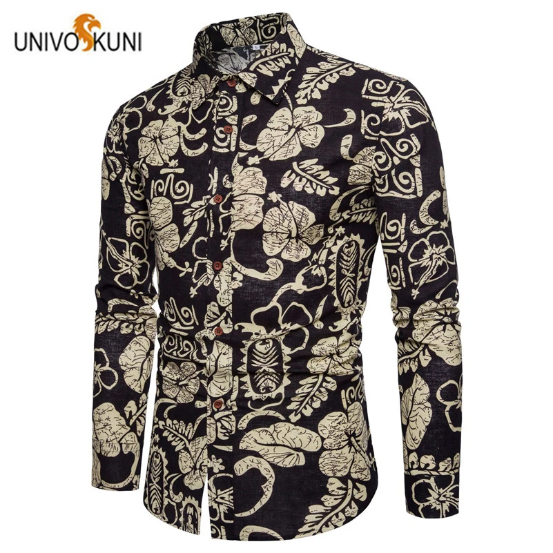 UNIVOS KUNI весна и осень новые мужские хлопковые рубашки с длинным рукавом цветочным