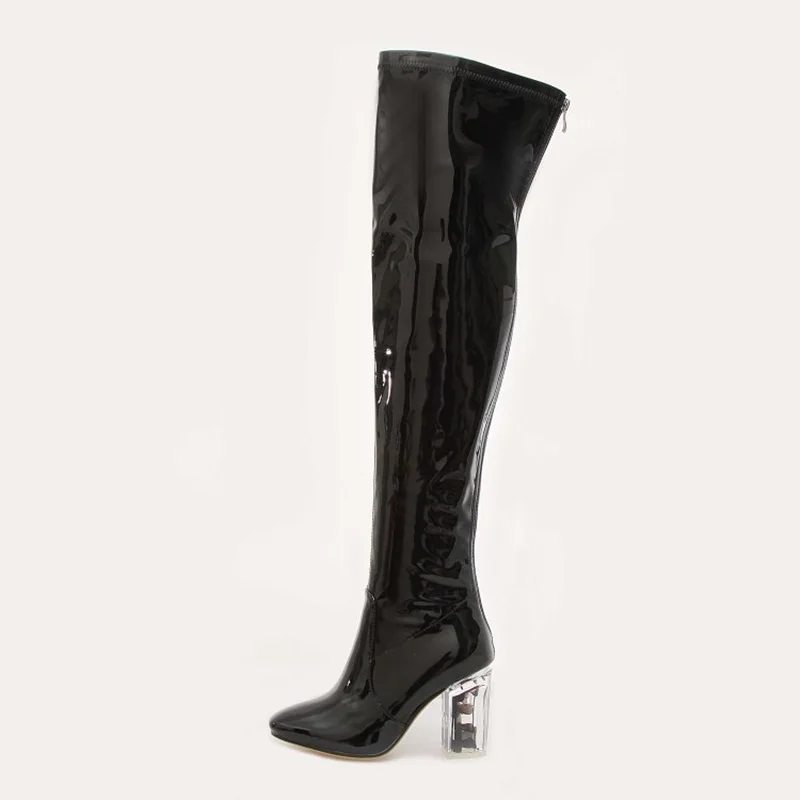 

Women Charming Pointed Toe Mirror Patent Leather Knee High Boots Sexy PVC Transparent Heel Boots High Square Heel Shoes 2019