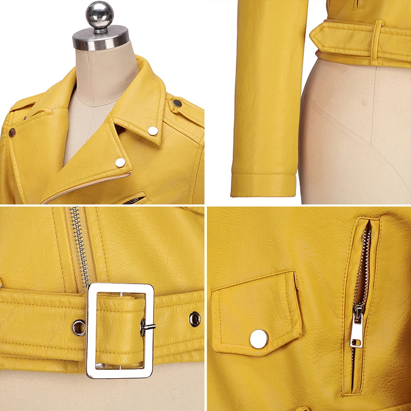 2017 New Fashion Female Biker Motorcycle Cropped Leather Jacket Women Pink Red Black Blue Brown Yellow