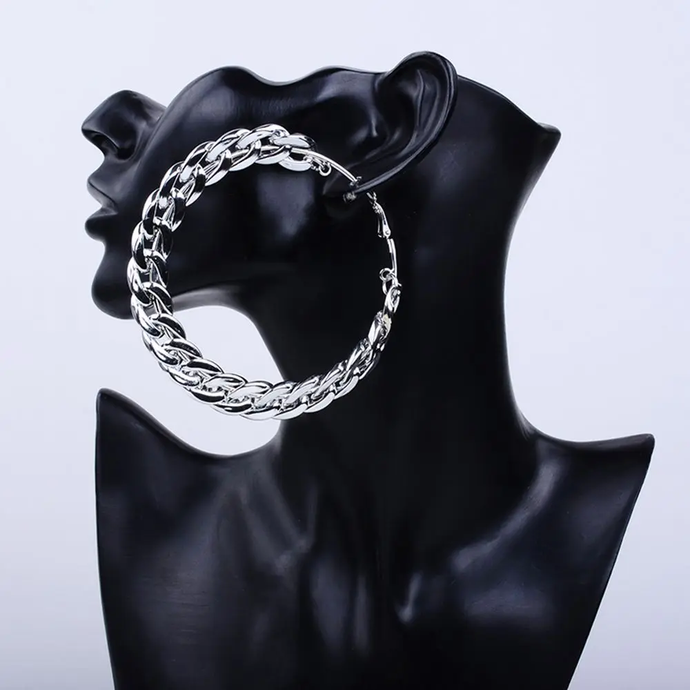 Silver Plated Hoop Earrings Big Circle Earrings Basketball Brincos Party Loop CCB Earrings for Women UV Jewelry 80MM 1 pair Party Wholesale - Metal Color: Silver Plated