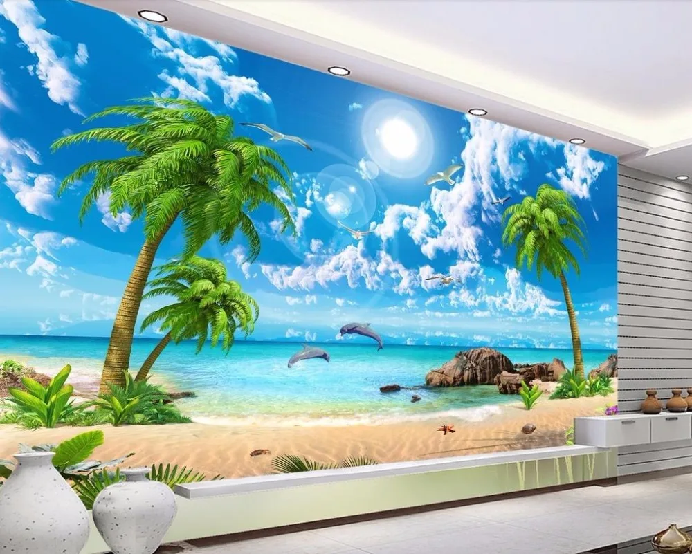 

Нетканые обои на заказ в европейском стиле, морской пейзаж, кокосовые пляжные обои, обои для спальни, гостиной, фоновые Настенные обои
