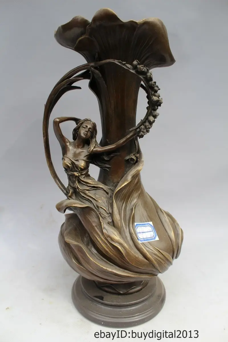1" Western Art скульптура Чистая Бронза Мрамор Энджелл Девушка Цветок Ваза Статуя