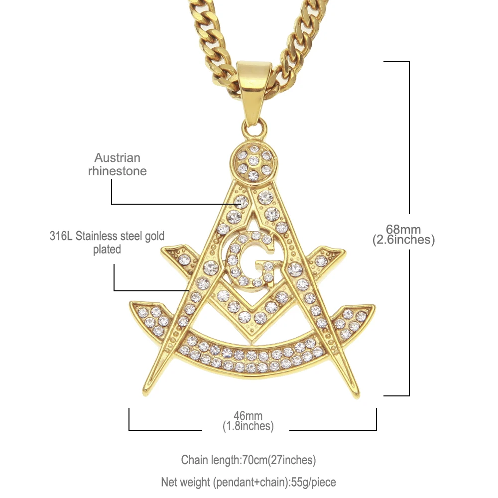 Мужская Masonic G Подвеска золотой тон из нержавеющей стали со льдом Блестящий