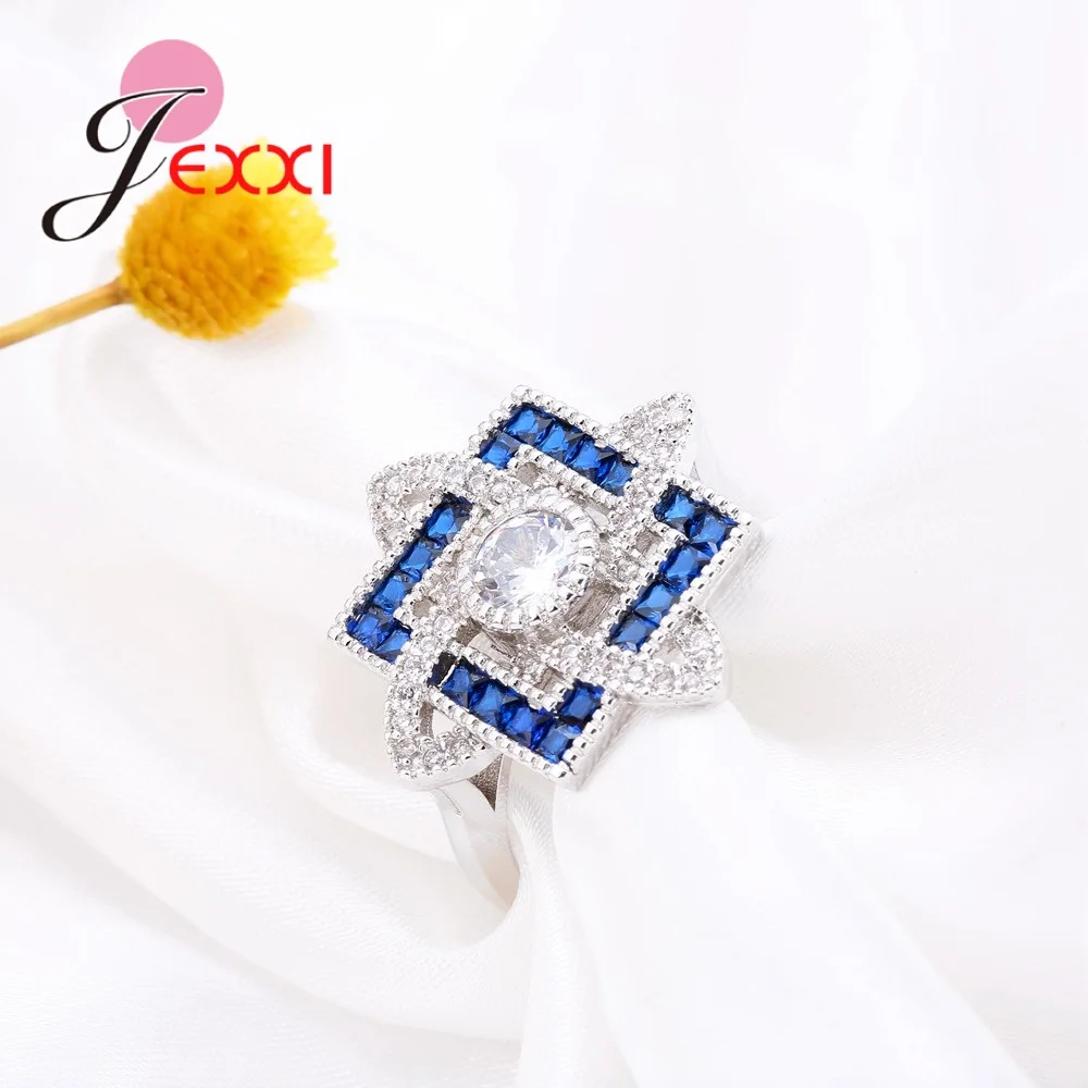 

Luxury Large 925 Sterling Silver Flower Ring Paved Blue White Clear Crystal for Women Wedding Engagement Party Jewelry