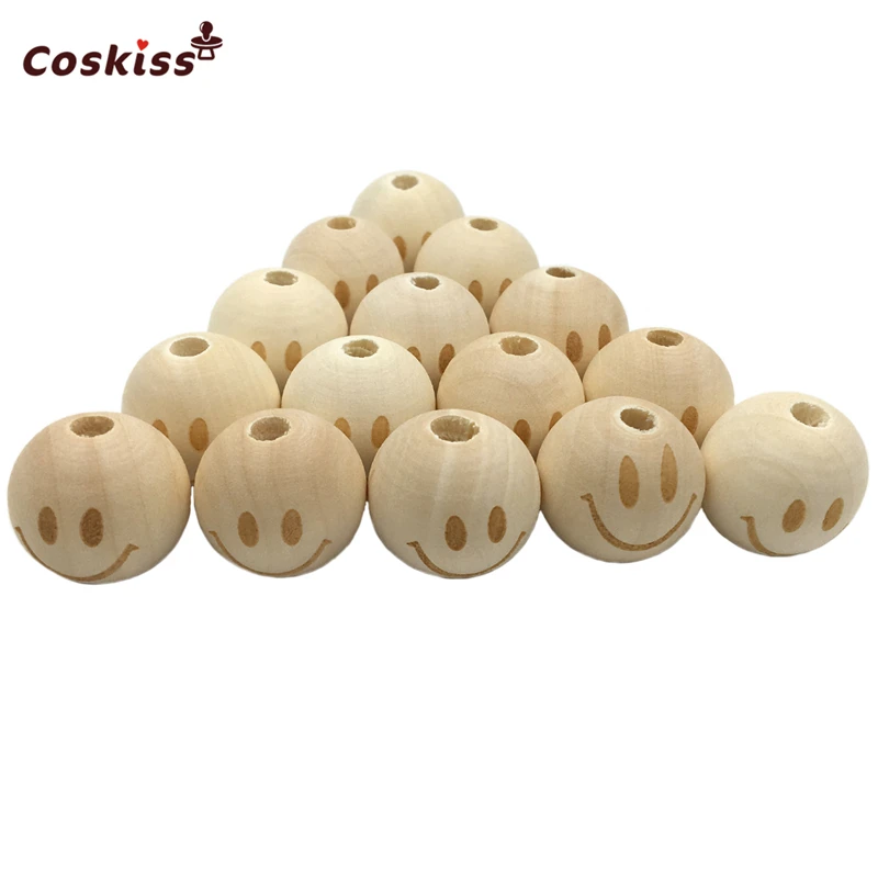 

20mm Round Necklace Wooden Beads Smiling Face Unfinished Baby Teether Wooden Teething Beads DIY Accessories Beading Nursing Toy