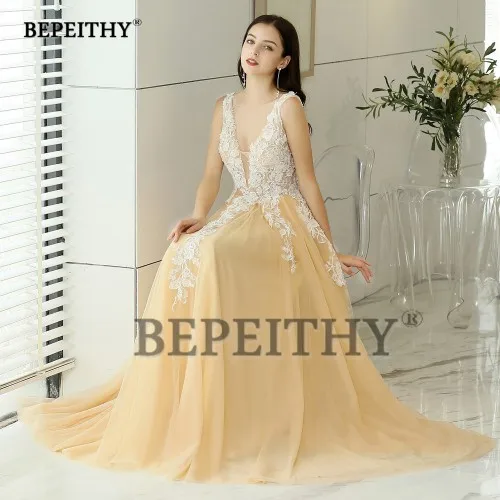 photo color BEPEITHY вечерние платья с длинным v-образным вырезом цвета шампанского, Тюлевое кружевное платье для выпускного вечера, сексуальное вечернее платье с открытой спиной - Цвет: photo color